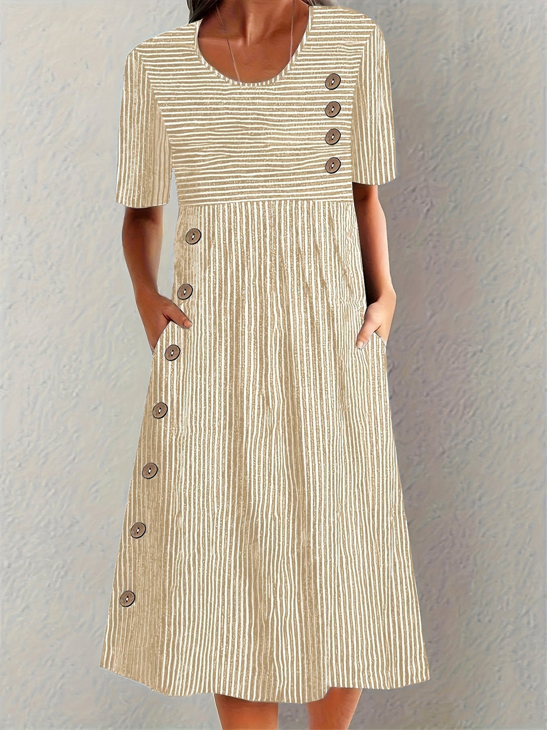 Sofia – Striped Midi Dress with Button Detail