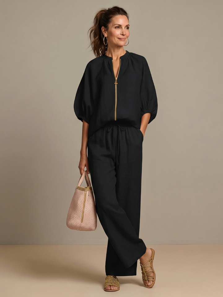 Selora Zip-Front Blouson Wide-Leg Set