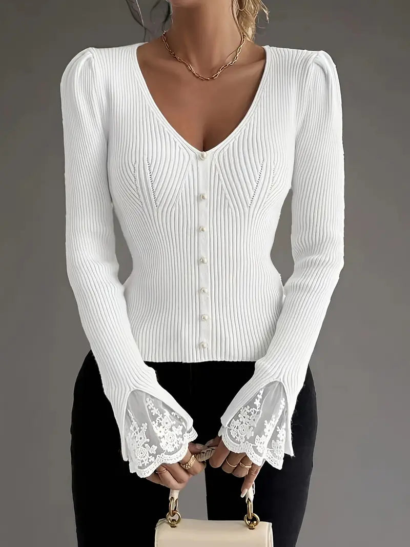 Lunara Lace-Trim Ribbed Sweater