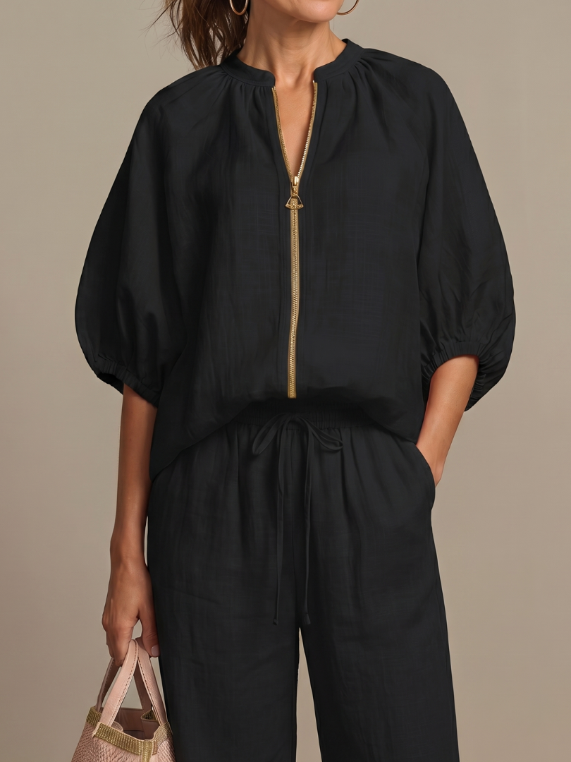 Selora Zip-Front Blouson Wide-Leg Set