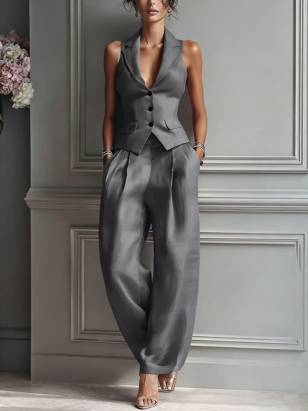 Elara V-Neck Button-Up Suit Set