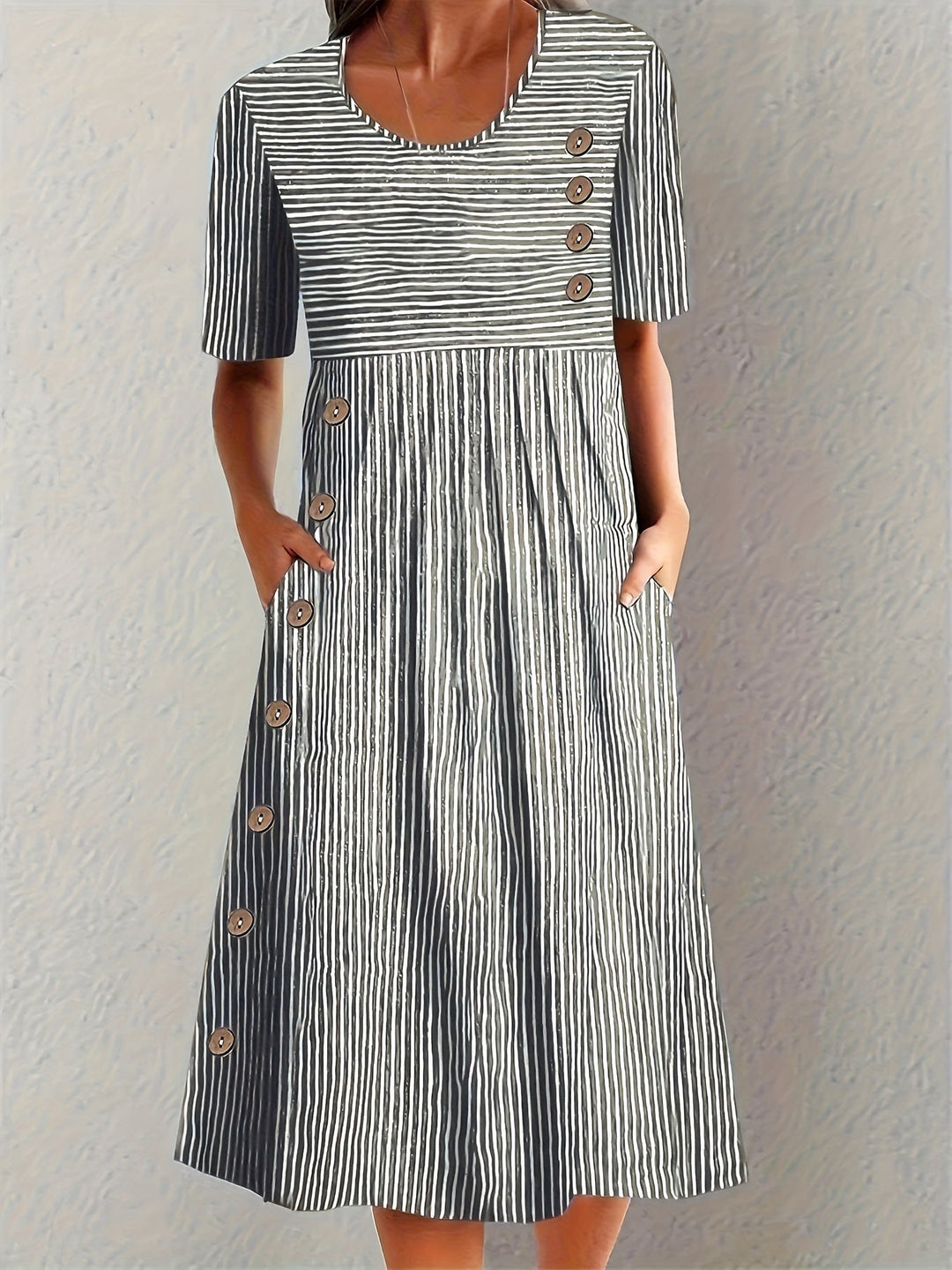 Sofia – Striped Midi Dress with Button Detail