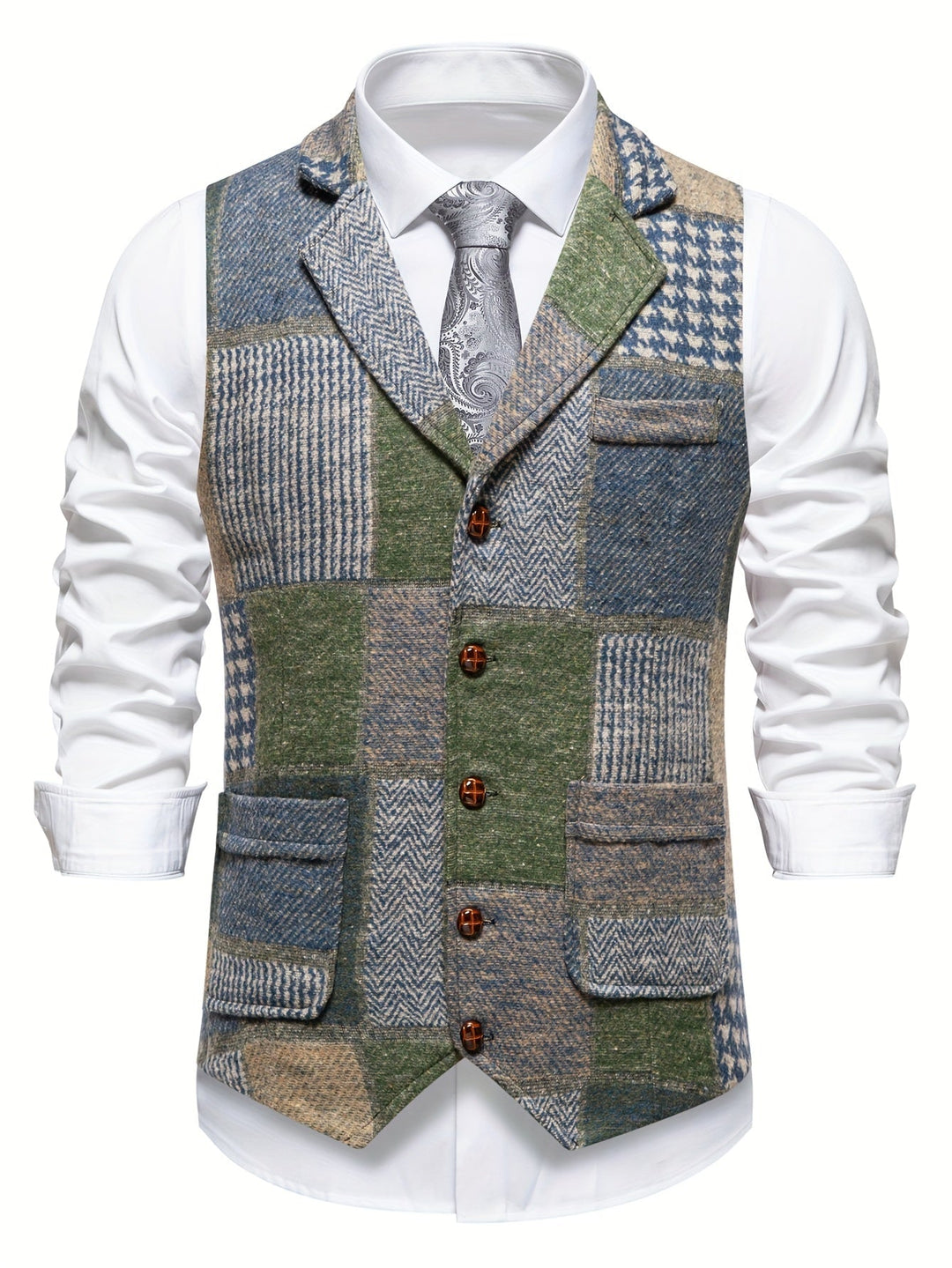 Elara Herringbone Tweed Patchwork Vest