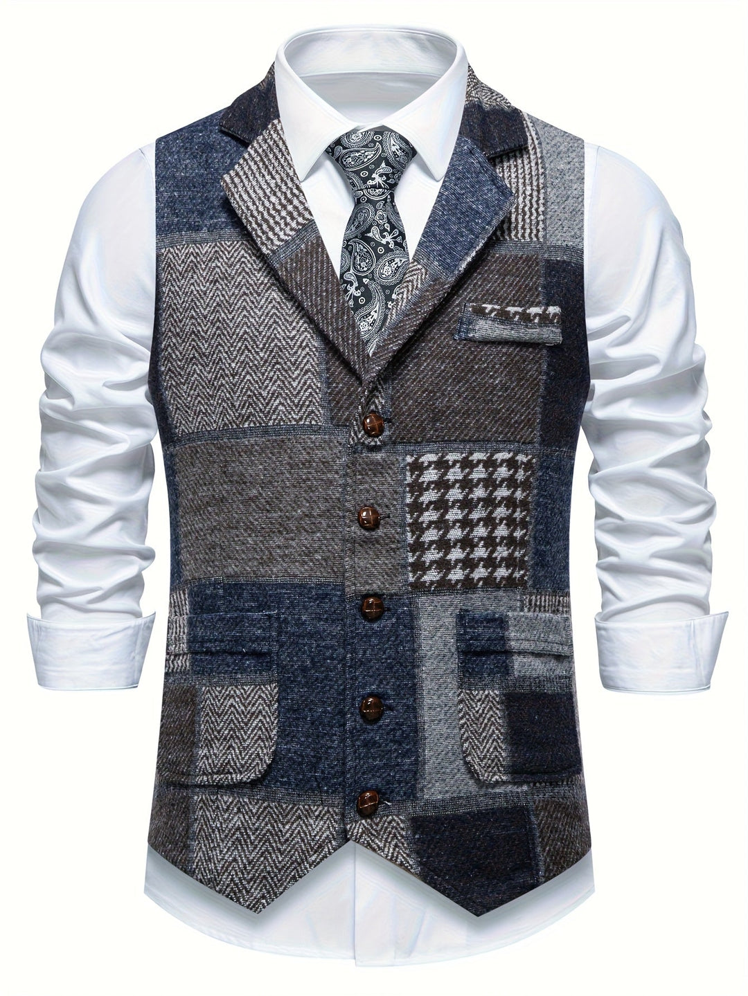 Elara Herringbone Tweed Patchwork Vest