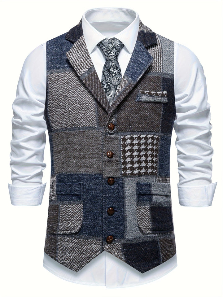 Elara Herringbone Tweed Patchwork Vest