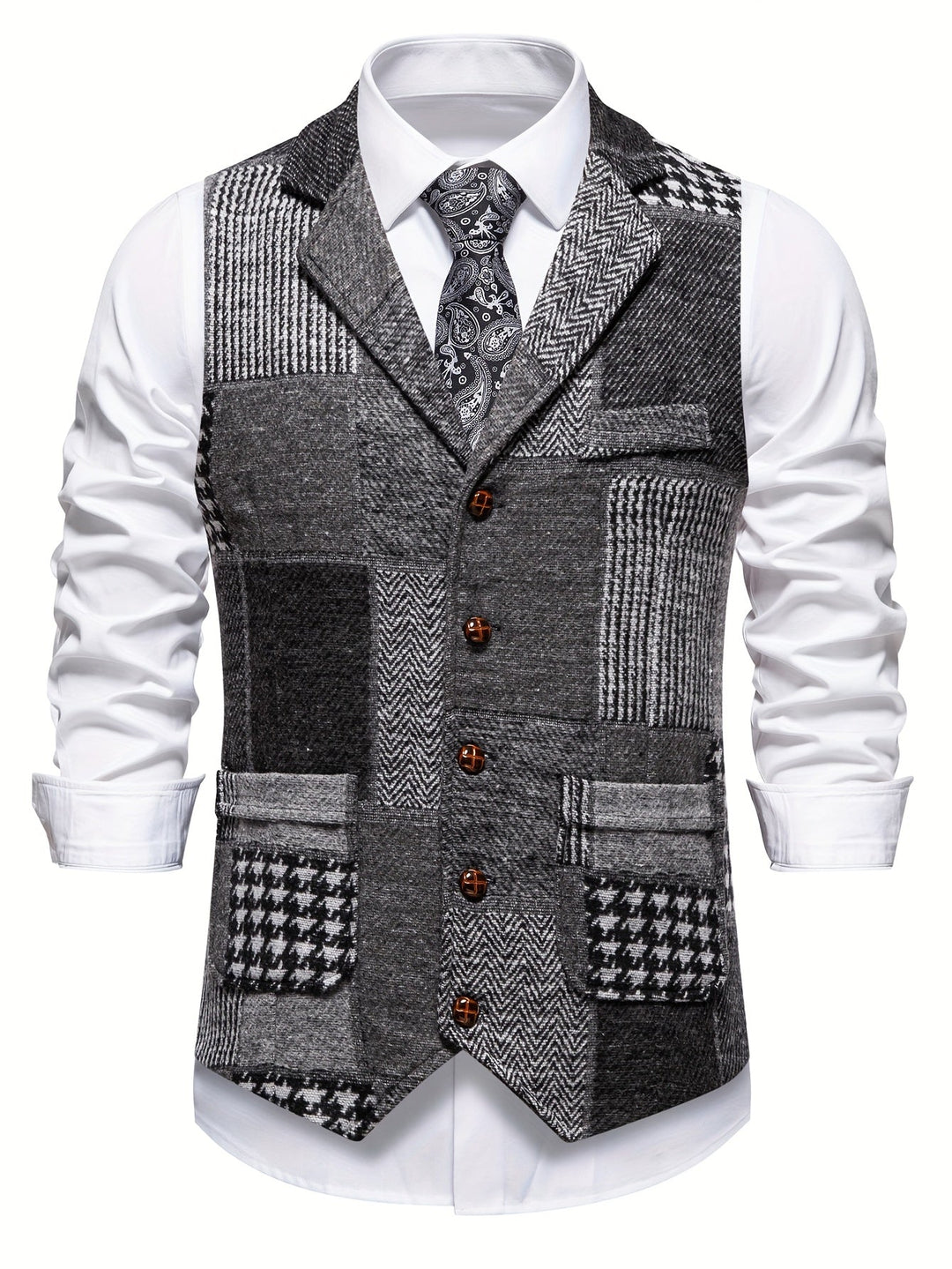 Elara Herringbone Tweed Patchwork Vest